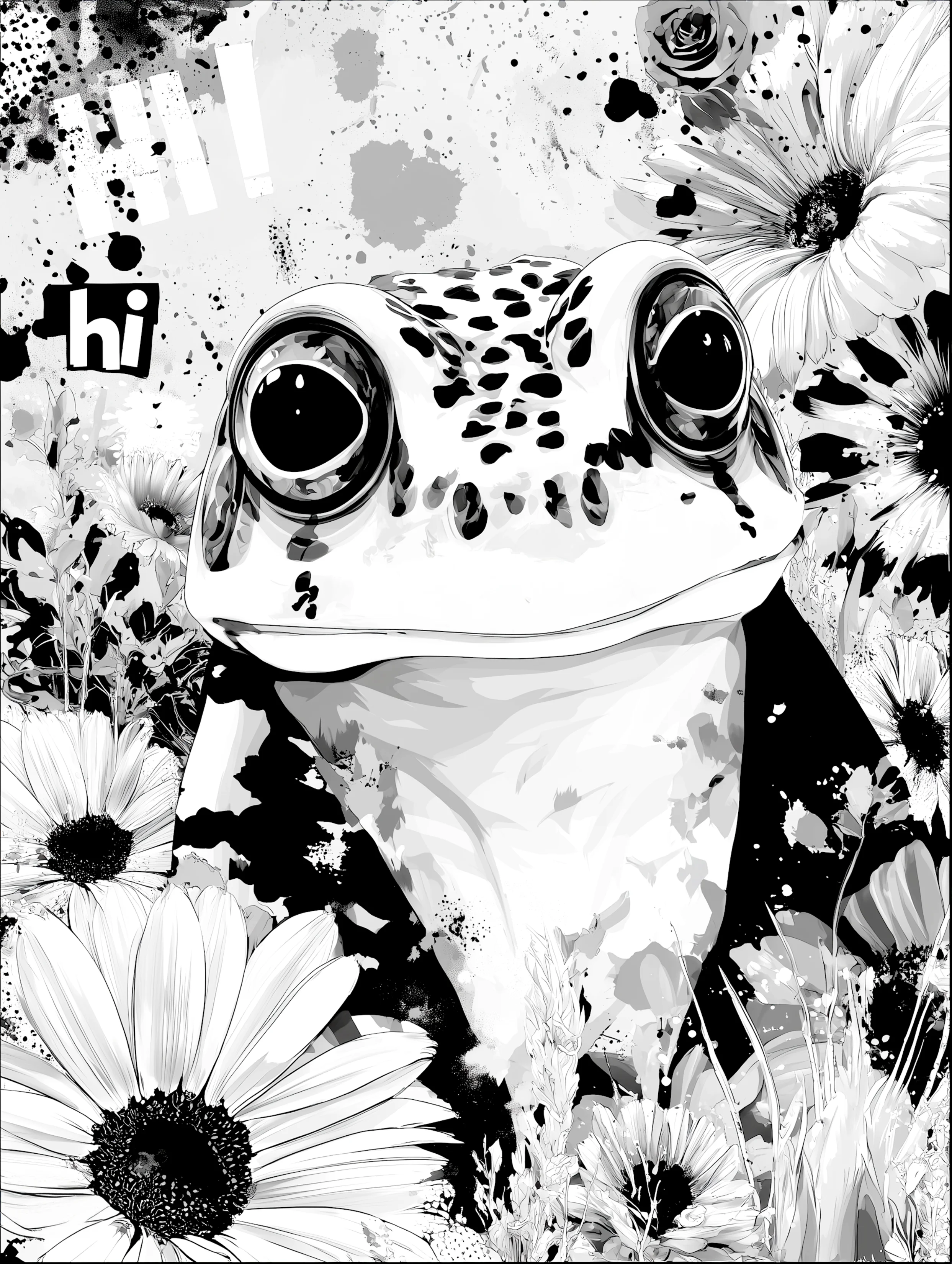 Free printable frog coloring page for adults featuring freckled frog saying hi